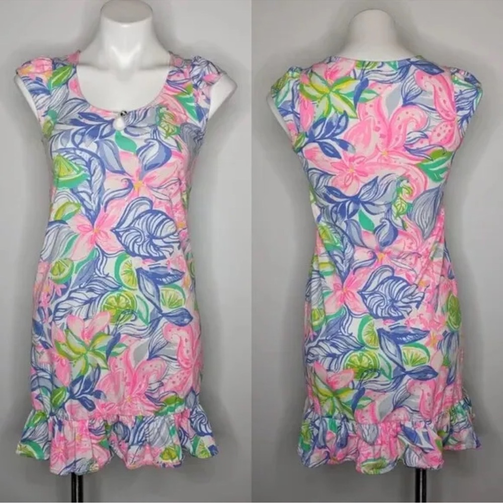 Lilly Pulitzer blue pink tropical floral 100% cotton short sleeve dress